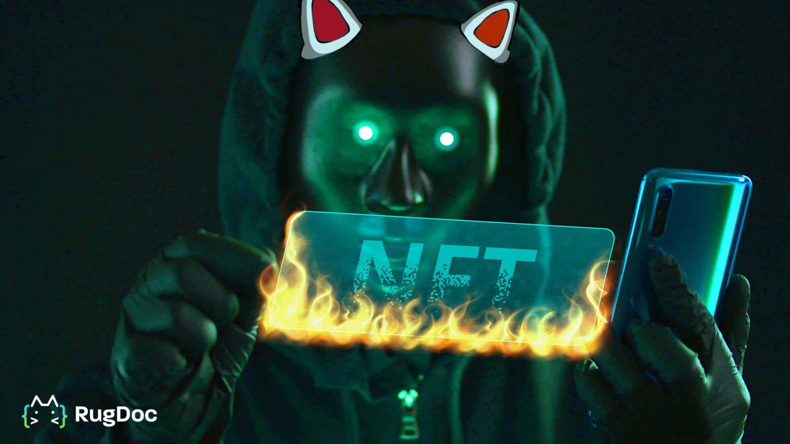 Hacker wearing dark mask pulls NFT of Non-Fungible Token text tab out of a smartphone. Modern blockchain technology concept