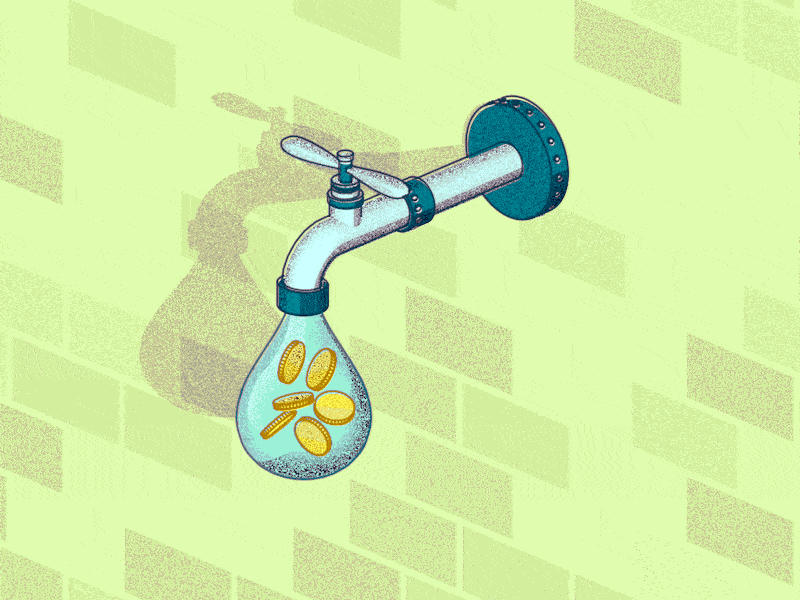 An animated faucet producing a large drop of water containing six gold coins