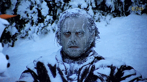 Jack Nicholson is in the middle of the snow and his face looks extremely tired, with large eyebags. Olaf, on the other hand, has a joyful face and is smiling widely walking on his back.