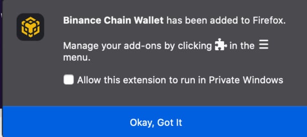 Binance Chain Wallet notification prompt showing that it was successfully added to a Firefox browser.