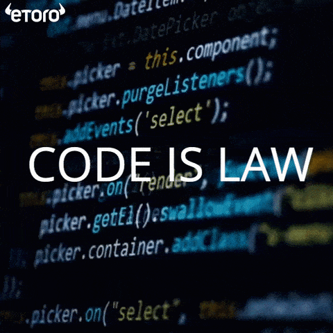 CODE IS LAW note placed at the center while having a written code run up and down repeatedly in the background