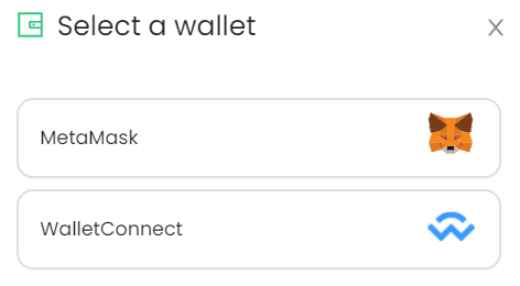 Select a wallet prompt showing two choices: MetaMask and WalletConnect.