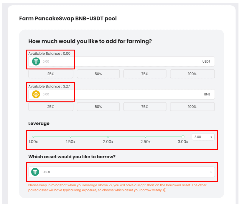 Farm PancakeSwap BNB-USDT pool. The page asks the user, "How much would you like to add for farming?" and "Which asset would you like to borrow?"