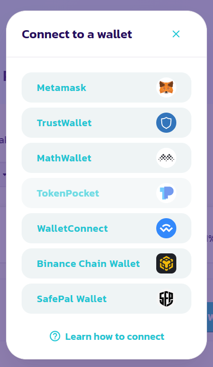 PancakeSwap connect to a wallet menu which has Metamask, TrustWallet, MathWallet, TokenPocket, WalletConnect, Binance Chain Wallet and SafePal Wallet to choose from