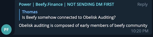 A message from a Beefy Finance admin stating that Obelisk is composed of early members of Beefy community