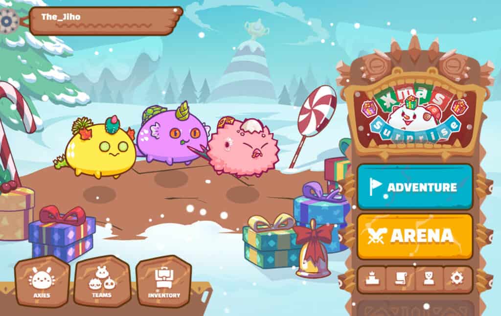Axie Infinity's user interface showing the menu for adventure and Arena on the right hand. On the left are the Axies, Teams, and Inventory.