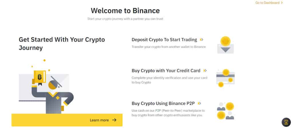 Welcome To Binance message as well as a quick guide for its new users.