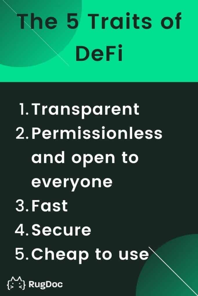 An infographic explaining the 5 traits of DeFi. This infographic explains the benefits of DeFi, including being transparent, permissionless and open to everyone, fast, secure, and cheap to use.