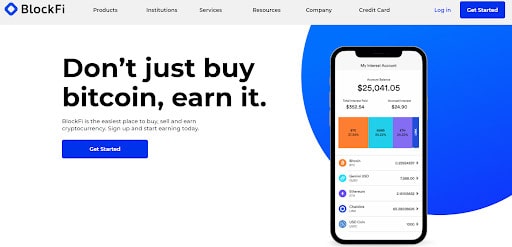 The screen display of the Blockfi Website. A huge text is visible saying, Don't just buy bitcoin, earn it.