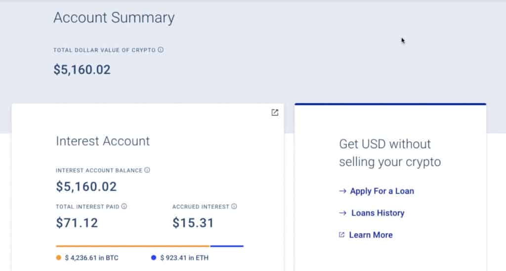 The Account summary is presented. This displays the total dollar value of crypto, the interest account, and an option to apply for a crypto loan.