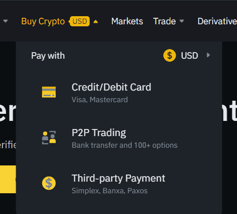 A screen display that shows different options in connecting the wallet. The options are Credit/Debit Card. P2P Trading, and Third-party Payment.