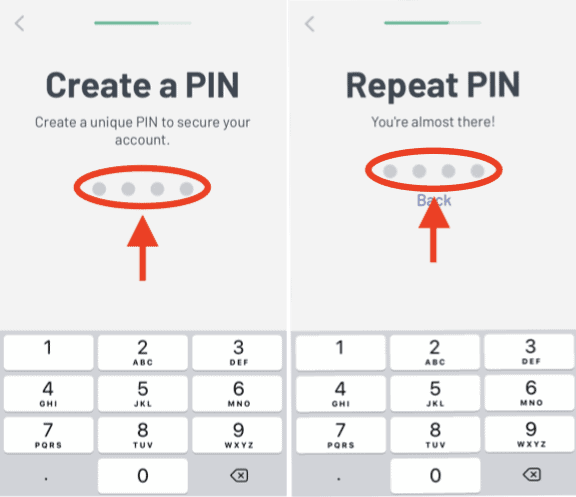 The display screen when creating your PIN then repeating the said pin in the next page.