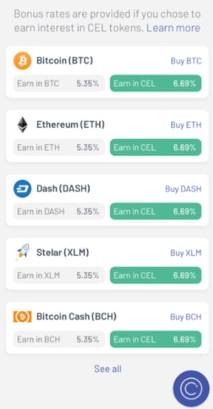 A display that lists the currency which you can buy. Present on the photo are BTC, ETH, DASH. XLM, and BCH currency. A see all button is also present for the other ones.