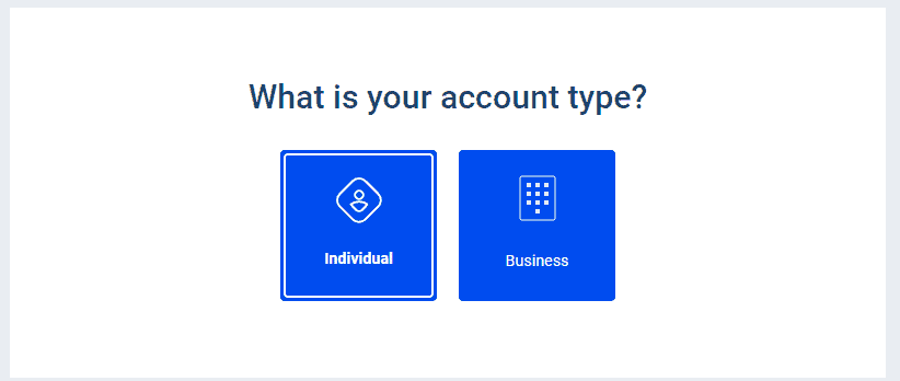 A display that lets you choose the account type. It can be individual or business.