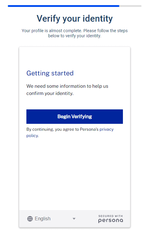 The verification process button which says "begin verifying".