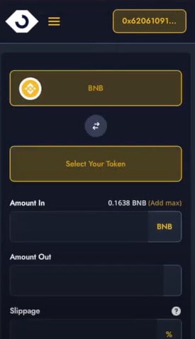 A screen display that shows what would be displayed after pressing swap button. It includes selecting token, amount in, amount out, and slippage.