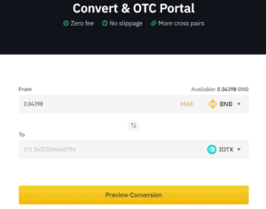 Screen display when converting BNB tokens to IOTX on Binance.
