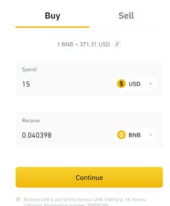 The screen display when buying BNB tokens.