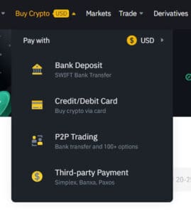 A screen display of Binance that shows different payment methods such as Bank Deposit, Credit/Debit Card, P2P Trading, and Third-party Payment.