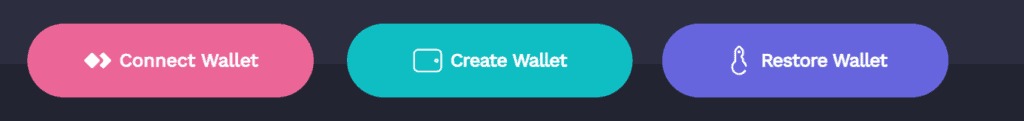 Shows a menu bar for connecting wallet, creating wallet, and restore wallet options.