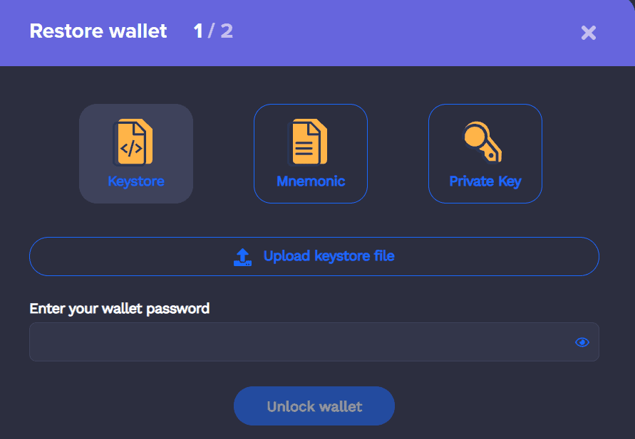 A screen display when restoring your wallet. It includes tools such as keystore, mnemonic, and private key. Your wallet password will also be required.
