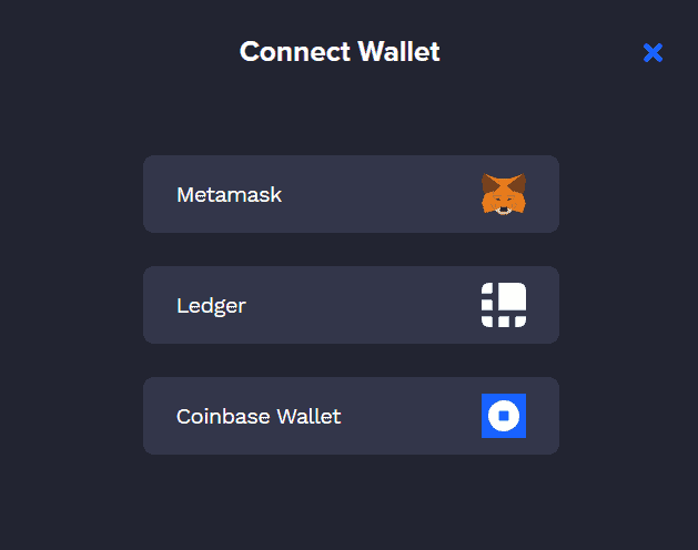 The screen display in connecting an existing Metamask, Ledger, or Coinbase Wallet.