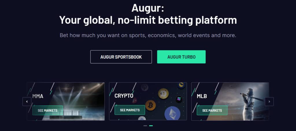 The screen display of Augur website. Presented in the picture are picture blocks representing MMA, Crypto, and MLB. 