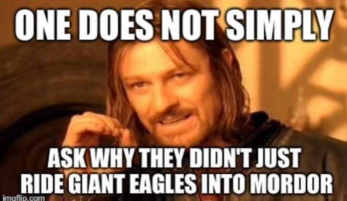 A meme that says: "One does not simply ask why they didn't just ride giant eagles into Mordor"