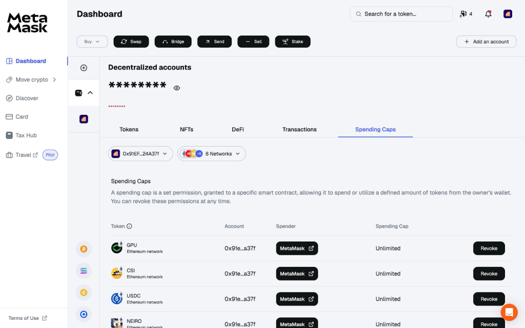MetaMask web app spending caps tab showing all tokens and their allowances.