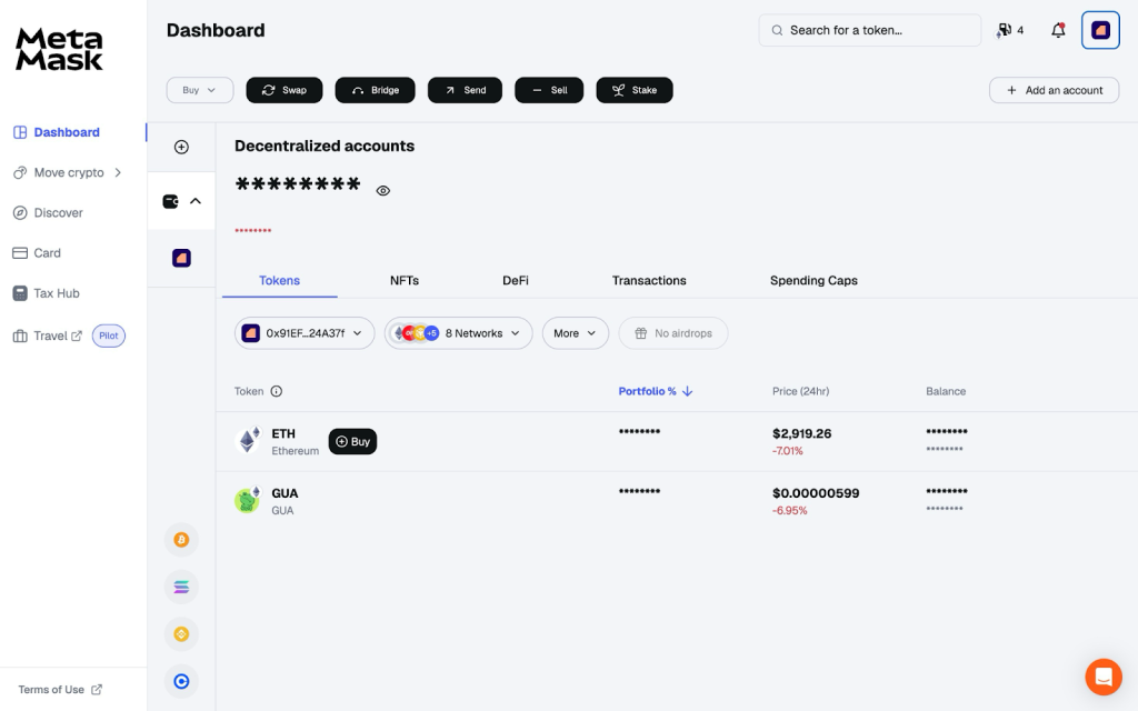 MetaMask web app portfolio dashboard showing tokens held within the wallet.
